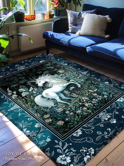Midnight Magic Unicorn Area Rug | Dark Botanical Maximalist Bedroom Colorful Whimsical Victorian Fairycore Accent Rug Medieval Castlecore |