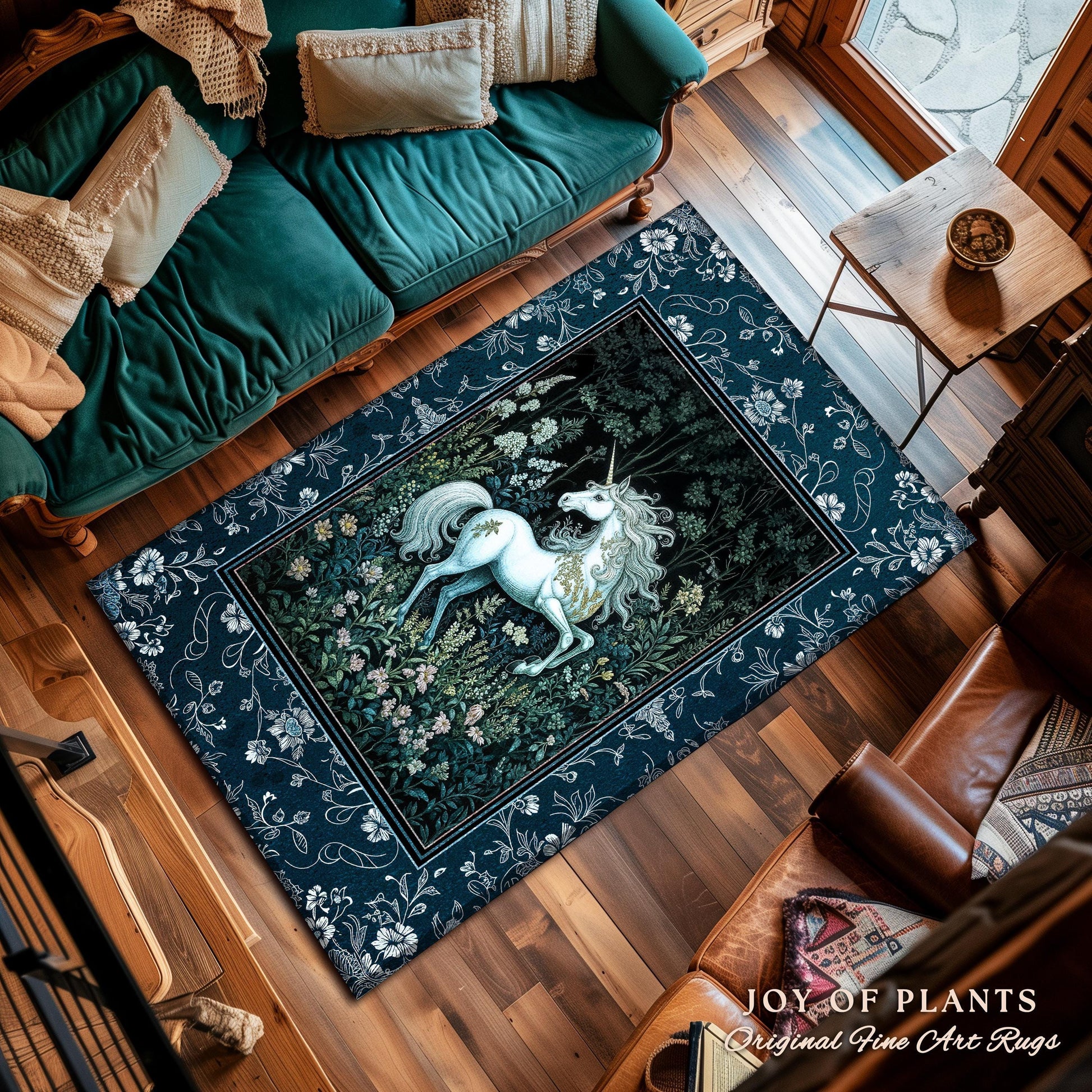 Midnight Magic Unicorn Area Rug | Dark Botanical Maximalist Bedroom Colorful Whimsical Victorian Fairycore Accent Rug Medieval Castlecore |