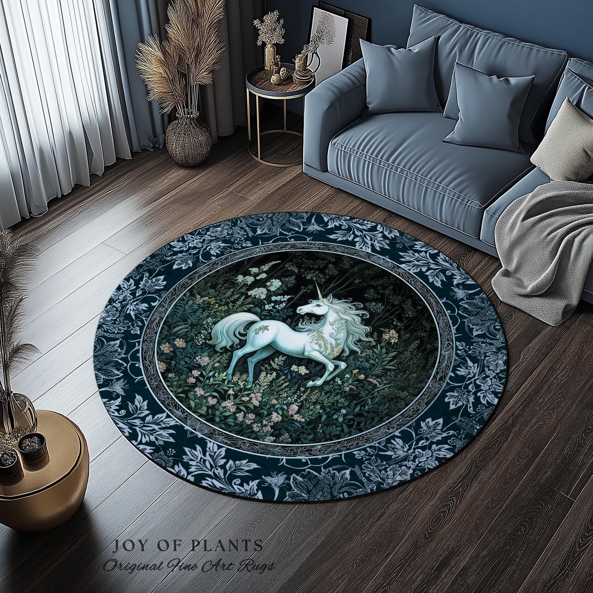 Midnight Magic Unicorn Area Rug | Dark Botanical Maximalist Bedroom Colorful Whimsical Victorian Fairycore Accent Rug Medieval Castlecore |