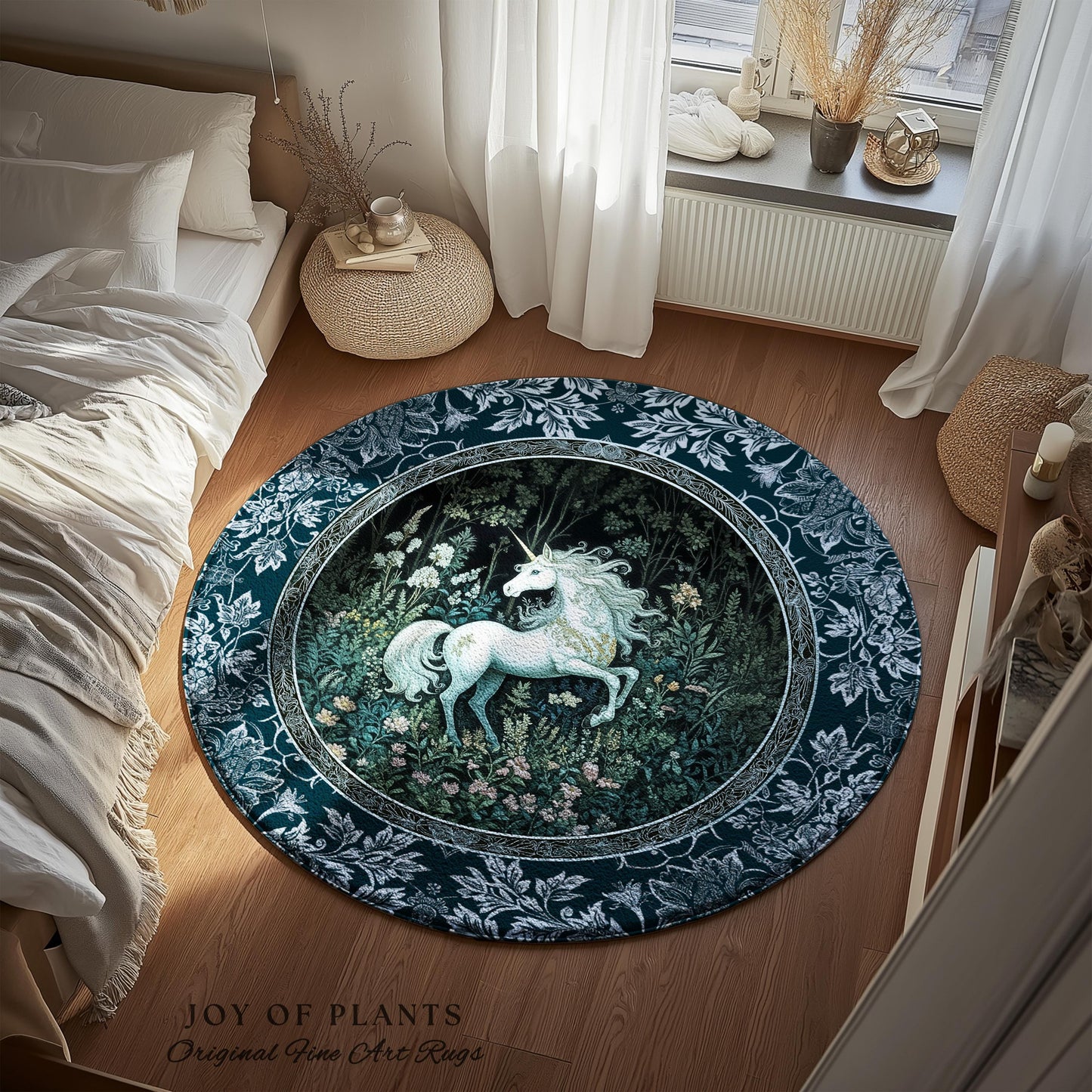 Midnight Magic Unicorn Area Rug | Dark Botanical Maximalist Bedroom Colorful Whimsical Victorian Fairycore Accent Rug Medieval Castlecore |