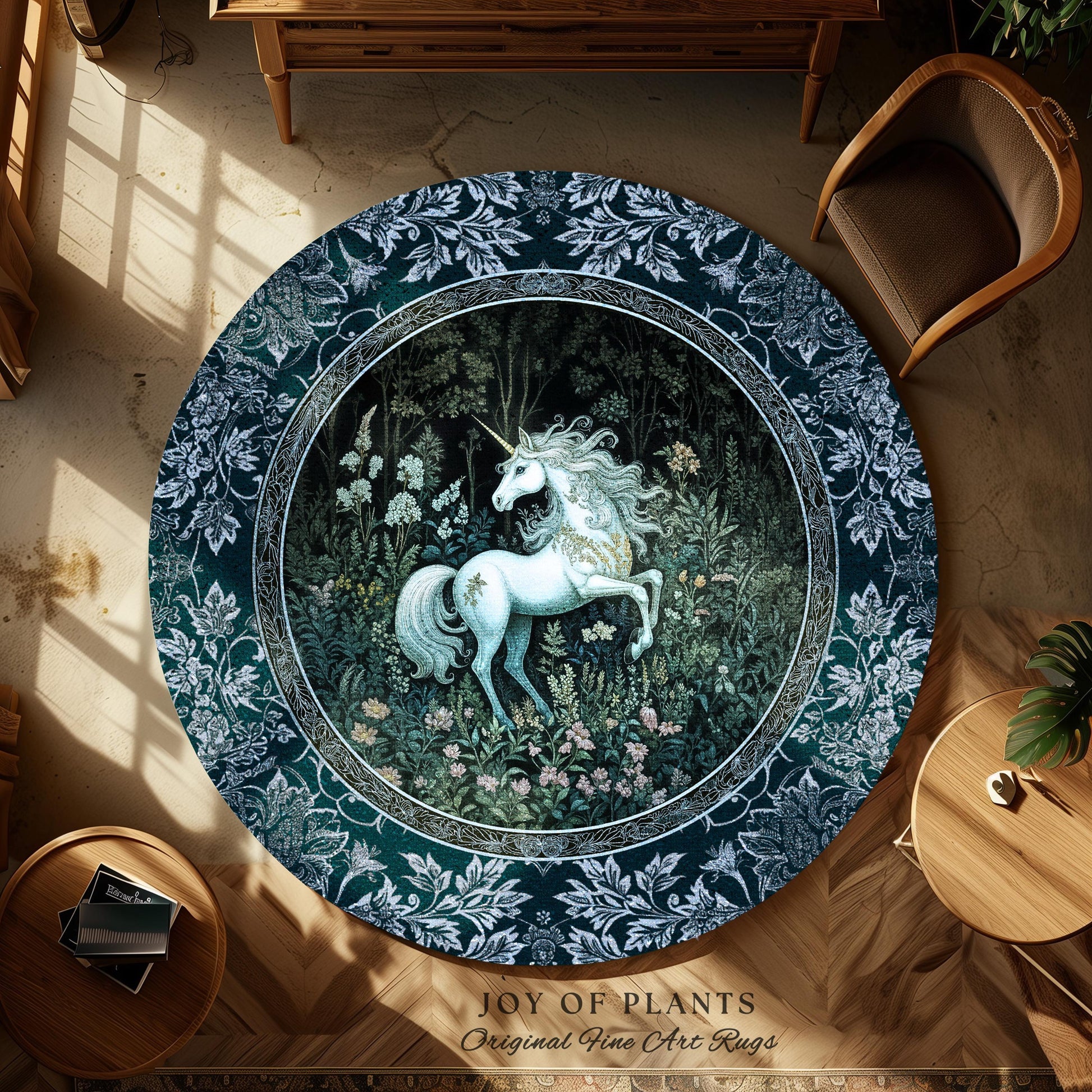 Midnight Magic Unicorn Area Rug | Dark Botanical Maximalist Bedroom Colorful Whimsical Victorian Fairycore Accent Rug Medieval Castlecore |