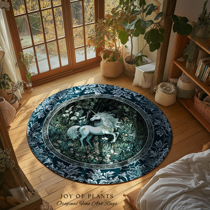 Midnight Magic Unicorn Area Rug | Dark Botanical Maximalist Bedroom Colorful Whimsical Victorian Fairycore Accent Rug Medieval Castlecore |