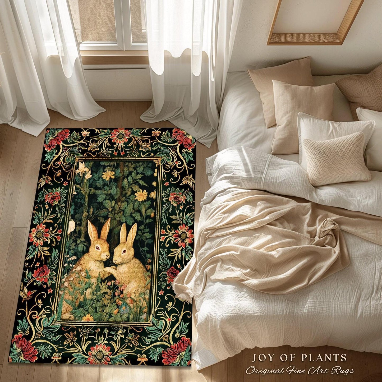 Fairycore Rabbit Decor Rug | Botanical Bedroom Decor William Morris Inspired Cottagecore Room Light Academia Livingroom Rug Woodland Home