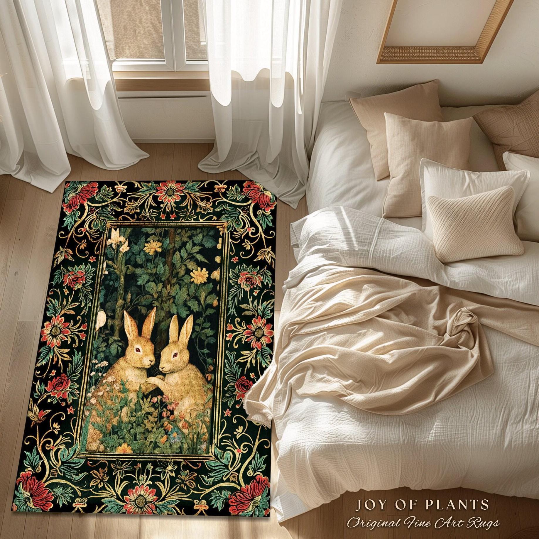 Fairycore Rabbit Decor Rug | Botanical Bedroom Decor William Morris Inspired Cottagecore Room Light Academia Livingroom Rug Woodland Home