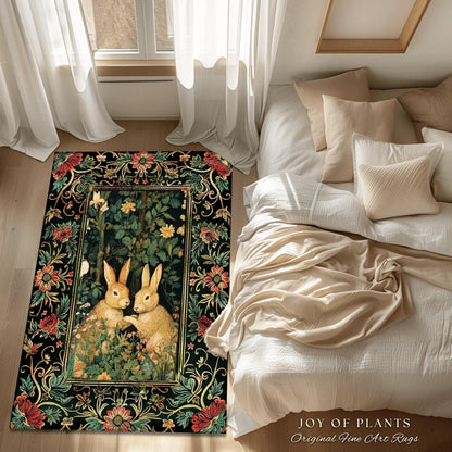 Fairycore Rabbit Decor Rug | Botanical Bedroom Decor William Morris Inspired Cottagecore Room Light Academia Livingroom Rug Woodland Home