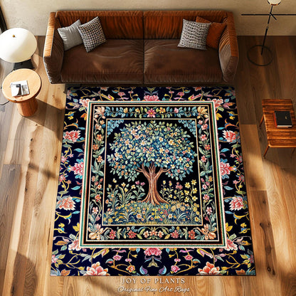 Eclectic Whimsy Tree of Life Accent Rug | Colorful Bedroom Forest Fairy Cottagecore Garden Folklore Floral Enchanted Area Rug Gothic Pastel