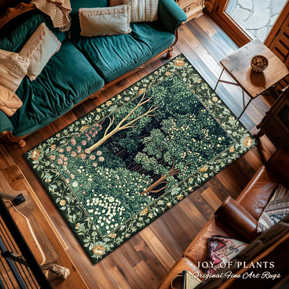 Medieval Forest Botanical Floor Rug | Woodland Botanical Emerald Green Vintage Aesthetic Mystic Book Nook Room Decor Magical Bedroom Theme |