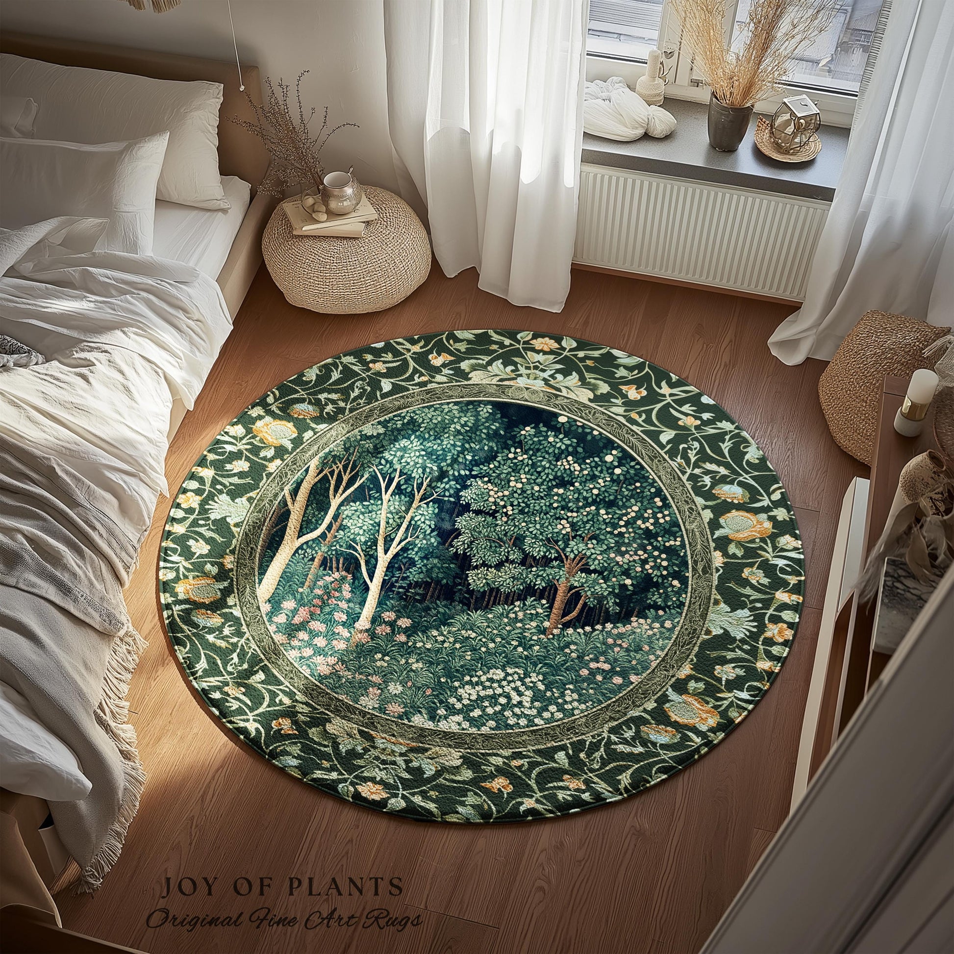 Medieval Forest Botanical Floor Rug | Woodland Botanical Emerald Green Vintage Aesthetic Mystic Book Nook Room Decor Magical Bedroom Theme |