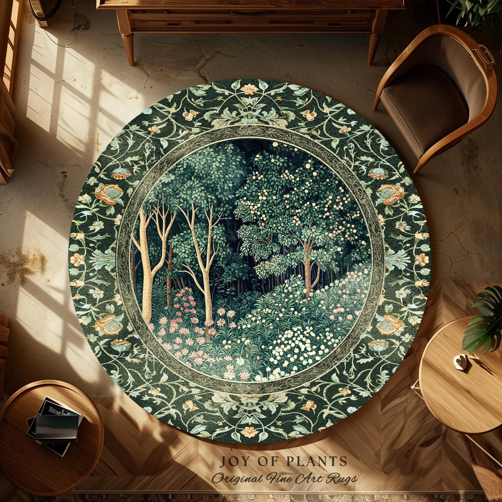 Medieval Forest Botanical Floor Rug | Woodland Botanical Emerald Green Vintage Aesthetic Mystic Book Nook Room Decor Magical Bedroom Theme |
