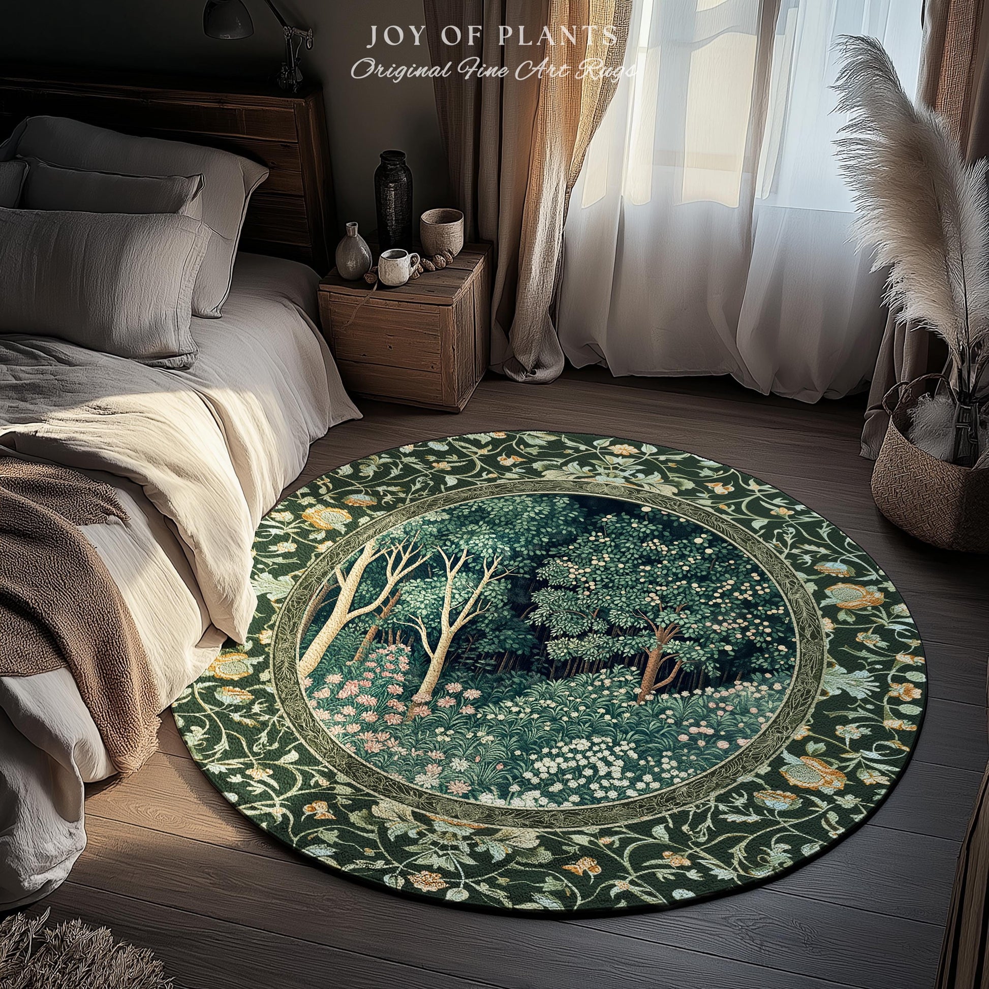 Medieval Forest Botanical Floor Rug | Woodland Botanical Emerald Green Vintage Aesthetic Mystic Book Nook Room Decor Magical Bedroom Theme |