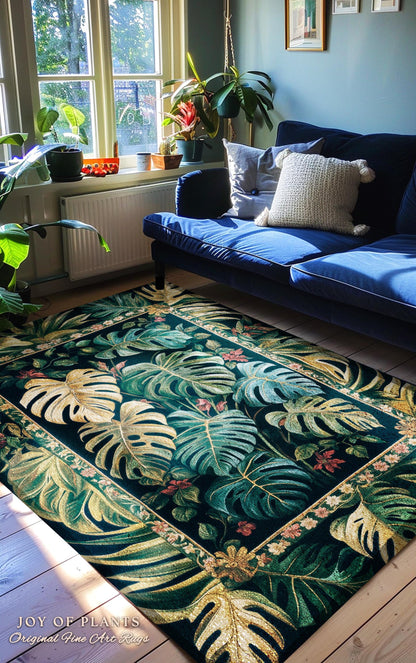 Jungle Inspired Monstera Rug | Maximalist Jungle Bedroom Vintage Tropical Houseplant Lover Accent Rug Woodland Statement Rug Plant Themed |