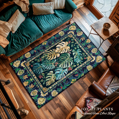 Enchanting Forest Tropical Statement Rug | Earthy Green Colors Maximalist Elegant Statement Rug Woodland Moody Jungle Vibe Plant Lover Room