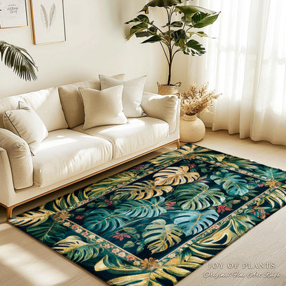 Jungle Inspired Monstera Rug | Maximalist Jungle Bedroom Vintage Tropical Houseplant Lover Accent Rug Woodland Statement Rug Plant Themed |