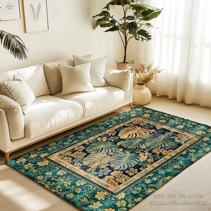 Unique Monstera Print Botanical Rug | Elegant Greenhouse Statement Rug Woodland Decor Houseplant Love Moody Jungle Vibe Tropical Area Rug |