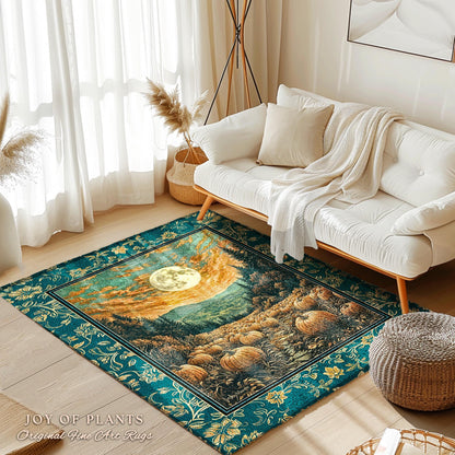 Moody Gothic Halloween Area Rug | Whimsical Fall Pumpkin Decor Full Moon Dark Academia Spooky Throw Rustic Aesthetic Autumn Bedroom Accent