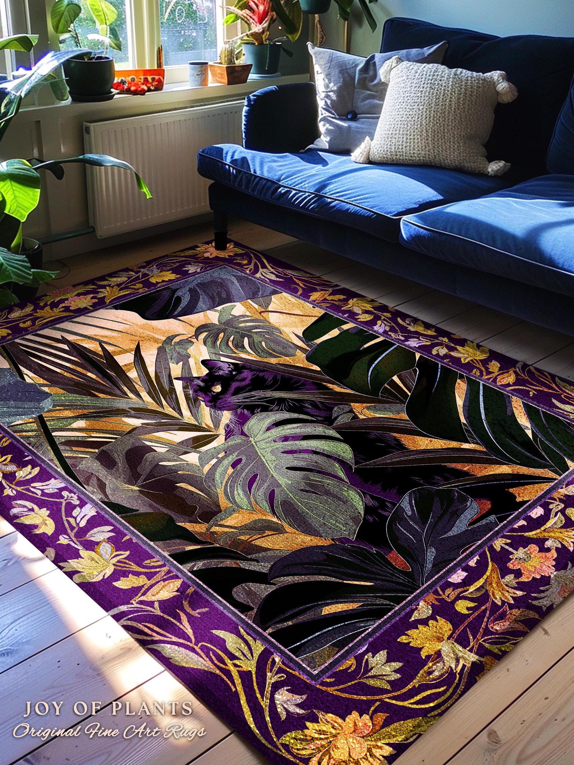 Enchanted Jungle Black Cat Rug Whimsical Monstera Moody Maximalism Whimsigoth Decor, Retro Gothic Dark Botanical Art Cottagecore Home Decor