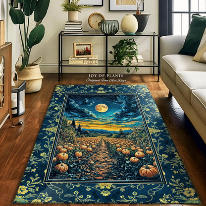 Dark Moody Harvest Moon Accent Rug | Whimsigoth Dark Academia Vibe Pumpkin Patch Spooky Season Rustic Bedroom Fall Decor Halloween Aesthetic