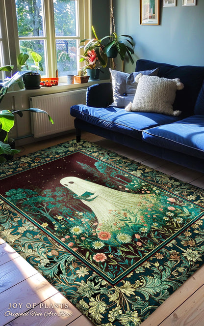 Haunted Book Ghost Accent Rug | Gothic Woven Spooky Cute Decor Halloween Aesthetic Cozy Reading Nook Forest Spirit Botanical Ethereal Style