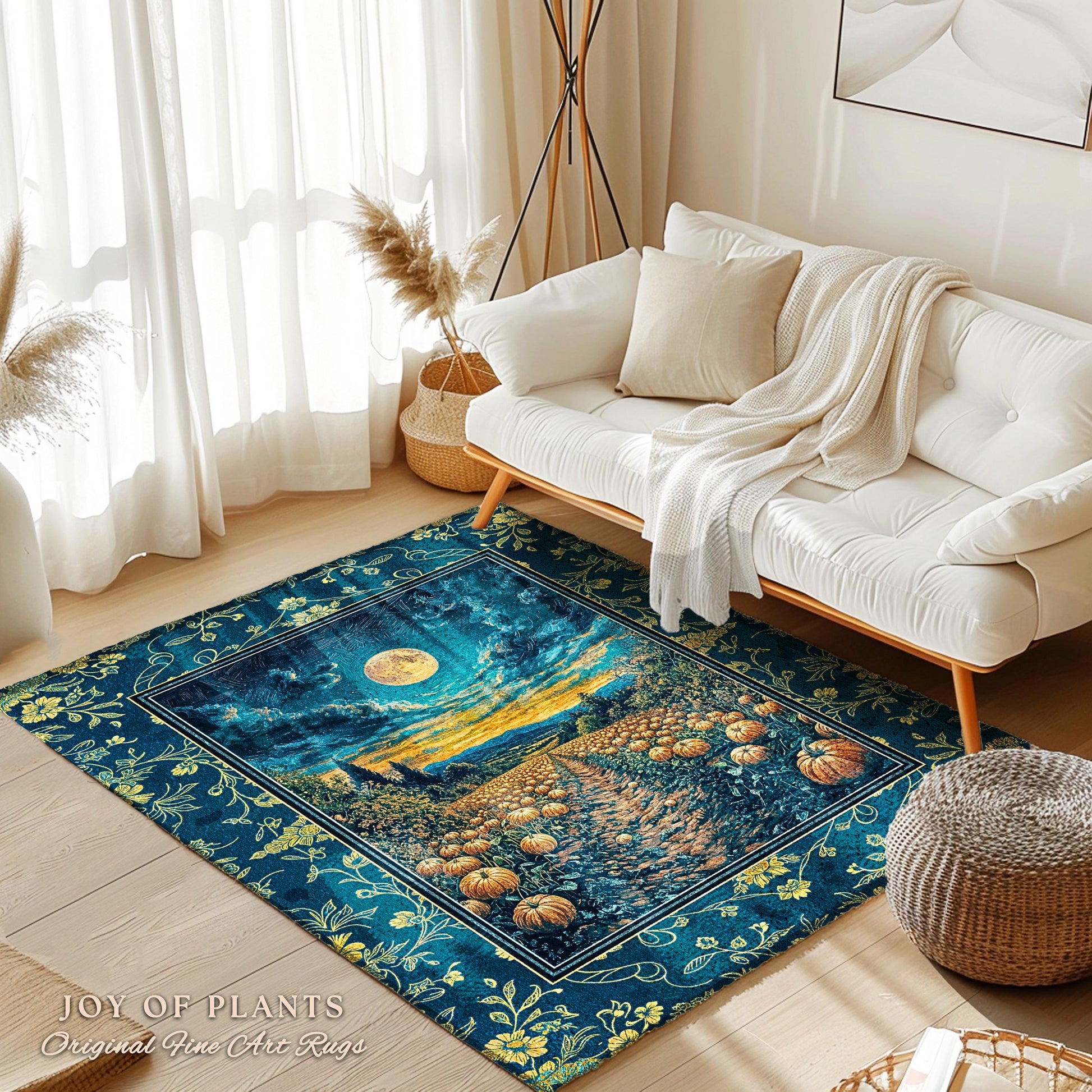 Dark Moody Harvest Moon Accent Rug | Whimsigoth Dark Academia Vibe Pumpkin Patch Spooky Season Rustic Bedroom Fall Decor Halloween Aesthetic