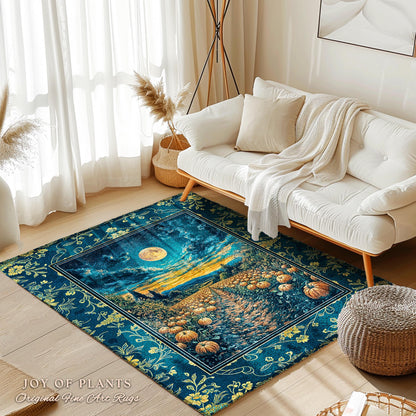 Dark Moody Harvest Moon Accent Rug | Whimsigoth Dark Academia Vibe Pumpkin Patch Spooky Season Rustic Bedroom Fall Decor Halloween Aesthetic