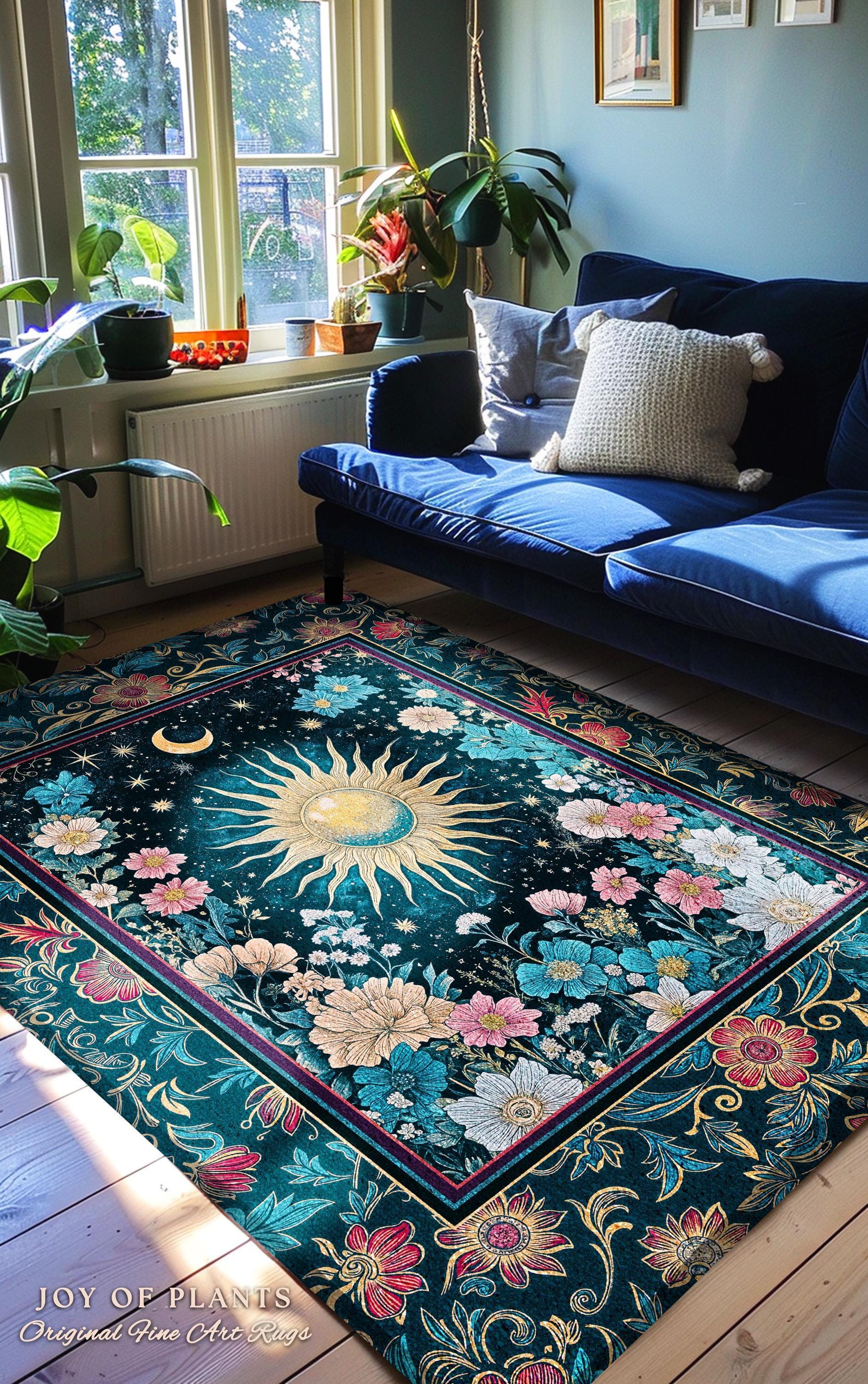 Celestial Sun Rustic Area Rug | Eclectic Bedroom Accent Wildflowers Tapestry Cosmic Astrology Home Accent Psychedelic Tarot Decor Witchy |