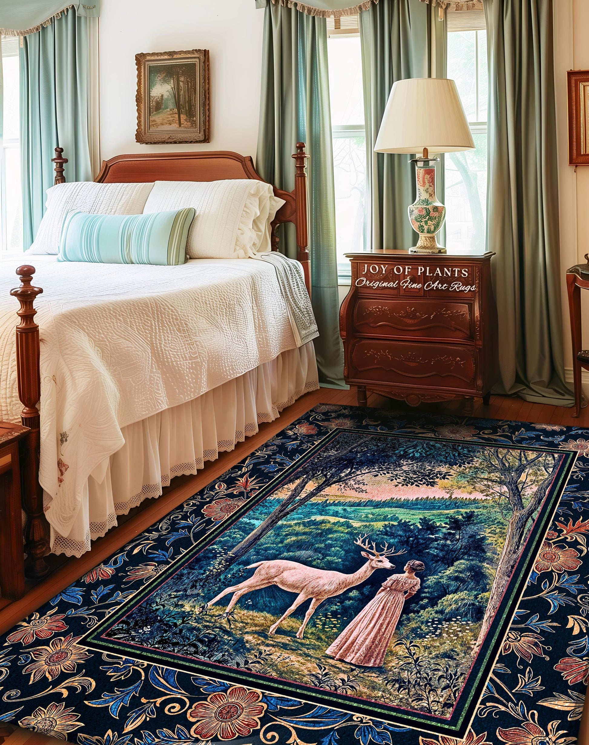 May include: A blue and gold tapestry rug with a floral border and a central scene of a deer and a woman in a forest. The text "JOY OF PLANTS Original Fine Art Rugs" is visible in the upper right corner of the image.