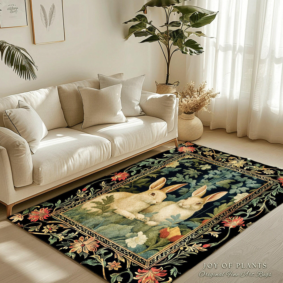 Bunny Rabbit Floral Rug | Botanical Bedroom Decor William Morris Inspired Cottagecore Room Light Academia Style Rug Mystical Home Accent