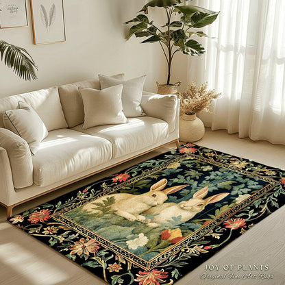 Bunny Rabbit Floral Rug | Botanical Bedroom Decor William Morris Inspired Cottagecore Room Light Academia Style Rug Mystical Home Accent