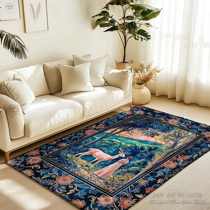 May include: A blue and floral patterned rug with a framed image of a white deer and a woman in a forest setting. The text "JOY OF PLANTS Original Fine Art Rugs" is in the bottom right corner.