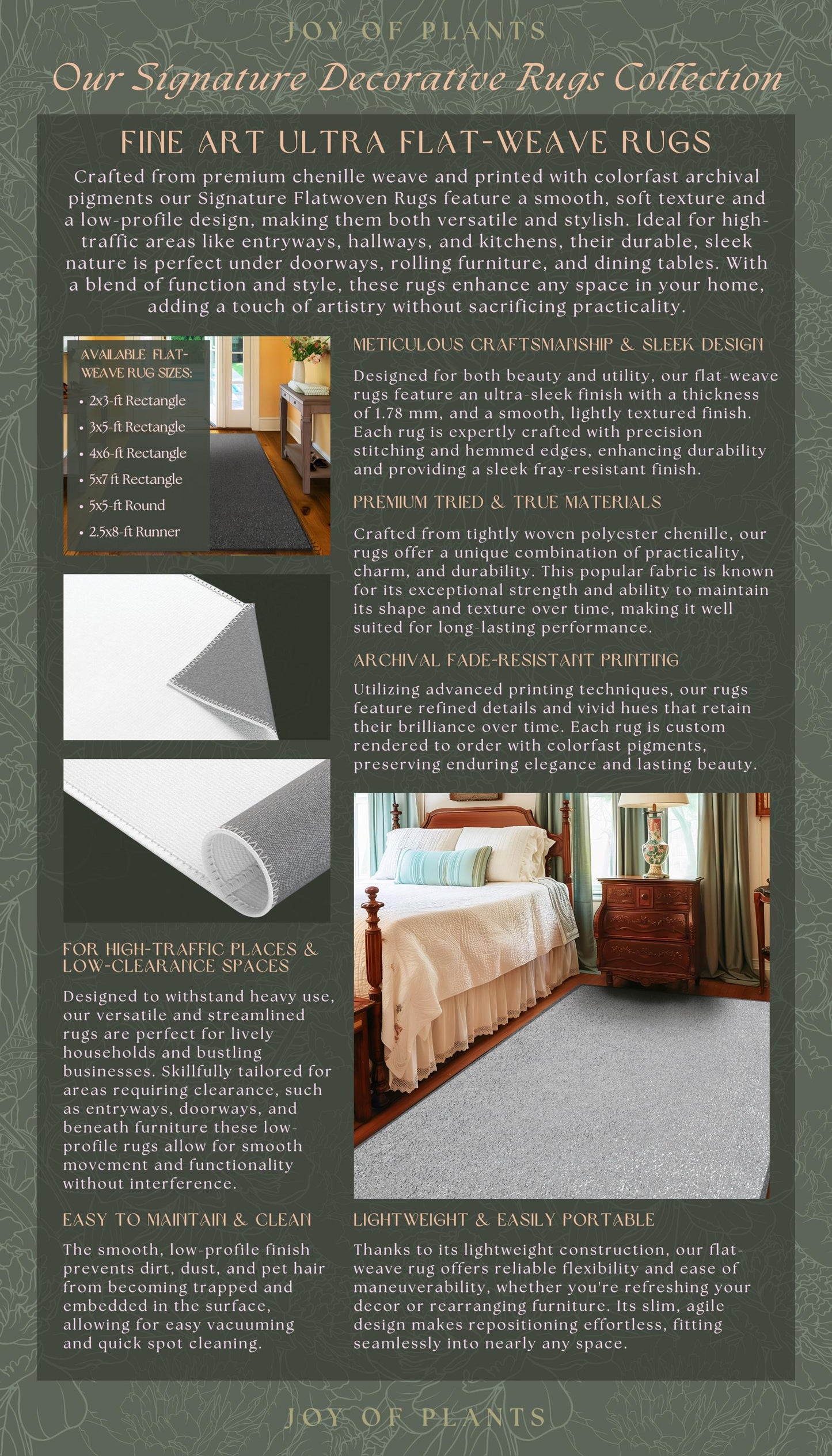 The image is a collage of three images showcasing fine art ultra flat-weave rugs. The first image features a bedroom with a bed and nightstand, the second image displays a living room with a couch and coffee table, and the third image shows a dining area with a table and chairs. The rugs are designed to enhance the style and function of these spaces, and they are made from premium materials and printed with a high-quality finish.