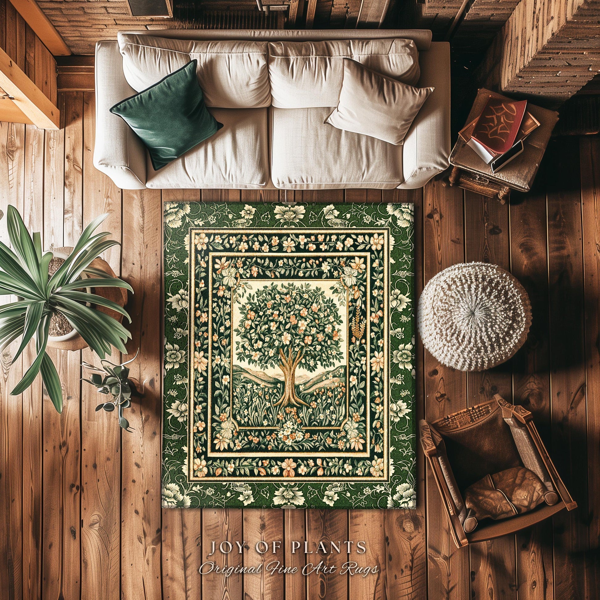 Enchanted Garden Folklore Tree Rug | Emerald Green Botanical Coquette Accent Rug Floral Accent Forest Theme Rug Folklore Design Cottagecore
