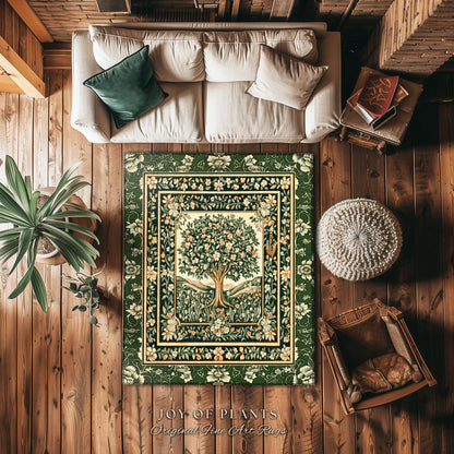 Enchanted Garden Folklore Tree Rug | Emerald Green Botanical Coquette Accent Rug Floral Accent Forest Theme Rug Folklore Design Cottagecore