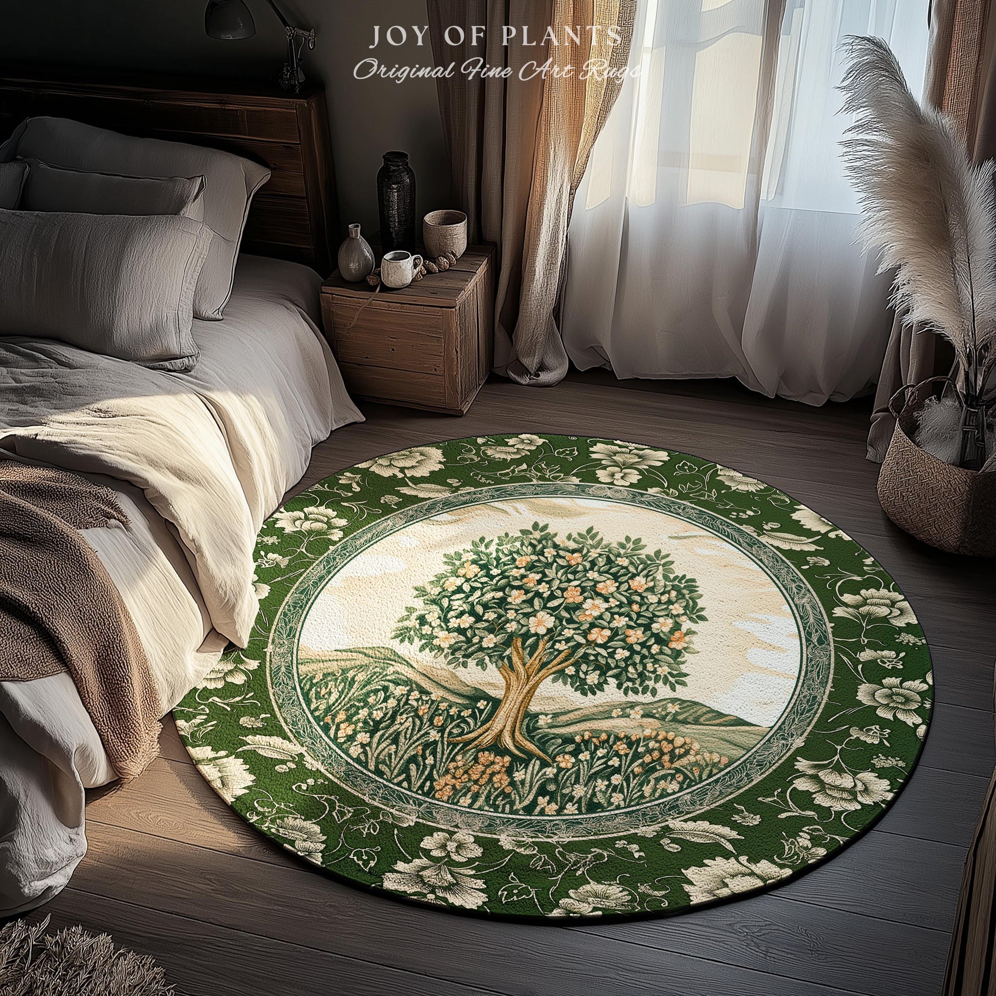 Enchanted Garden Folklore Tree Rug | Emerald Green Botanical Coquette Accent Rug Floral Accent Forest Theme Rug Folklore Design Cottagecore