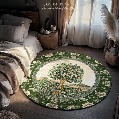 Enchanted Garden Folklore Tree Rug | Emerald Green Botanical Coquette Accent Rug Floral Accent Forest Theme Rug Folklore Design Cottagecore