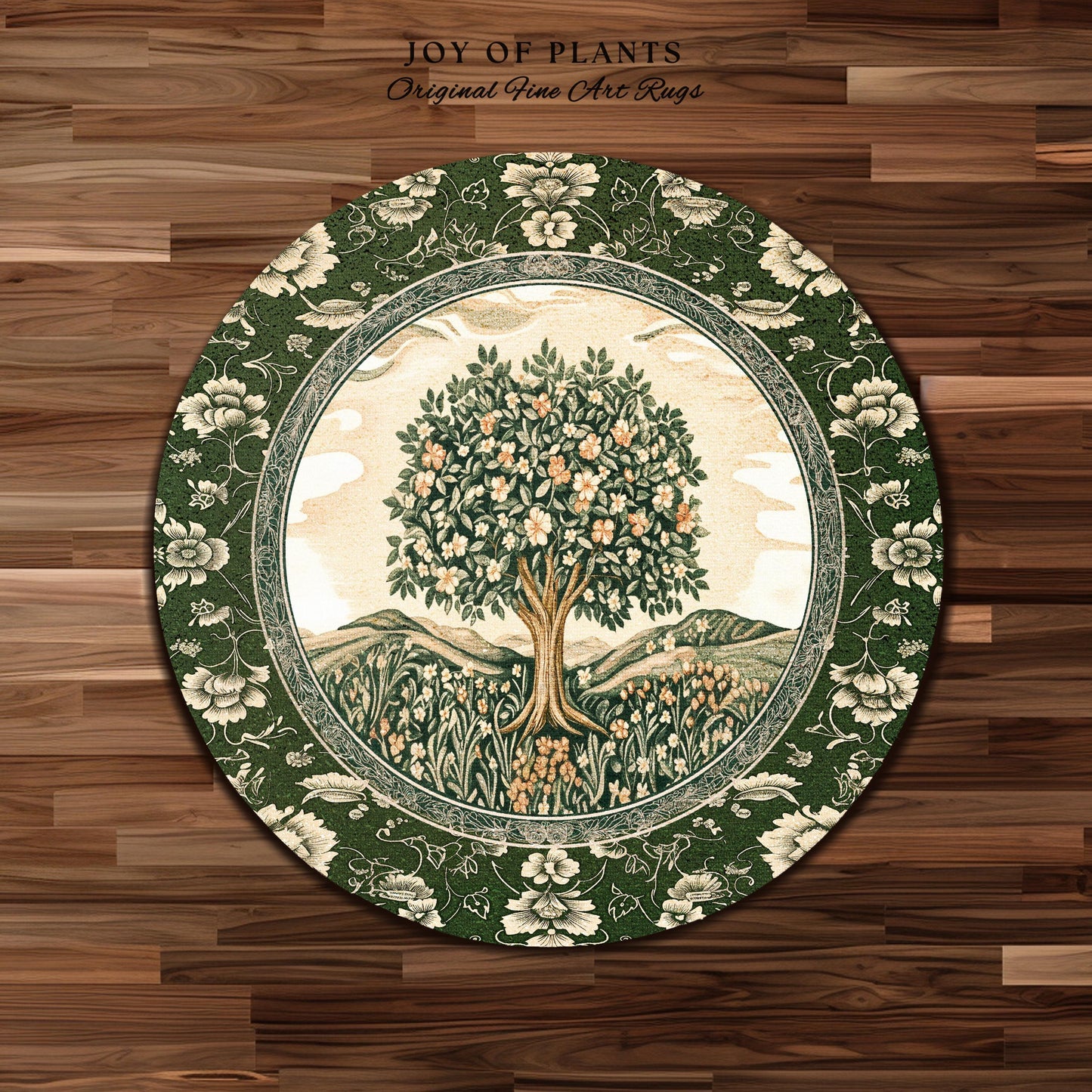 Enchanted Garden Folklore Tree Rug | Emerald Green Botanical Coquette Accent Rug Floral Accent Forest Theme Rug Folklore Design Cottagecore