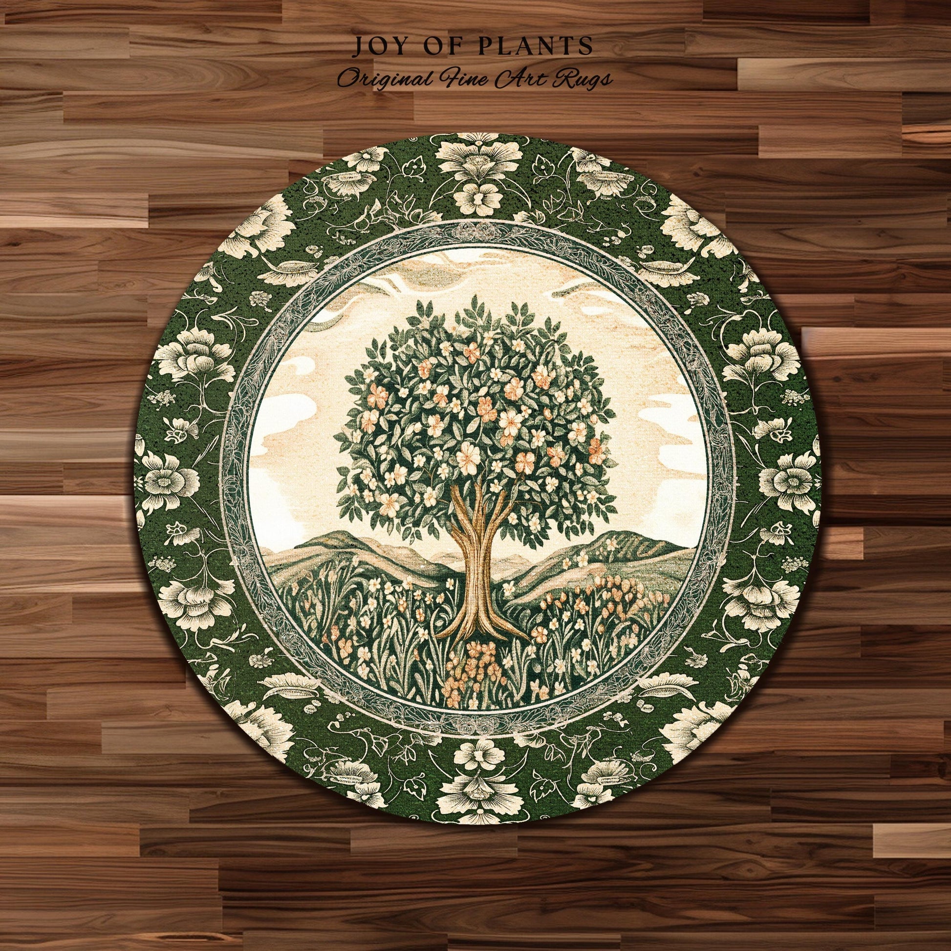 Enchanted Garden Folklore Tree Rug | Emerald Green Botanical Coquette Accent Rug Floral Accent Forest Theme Rug Folklore Design Cottagecore