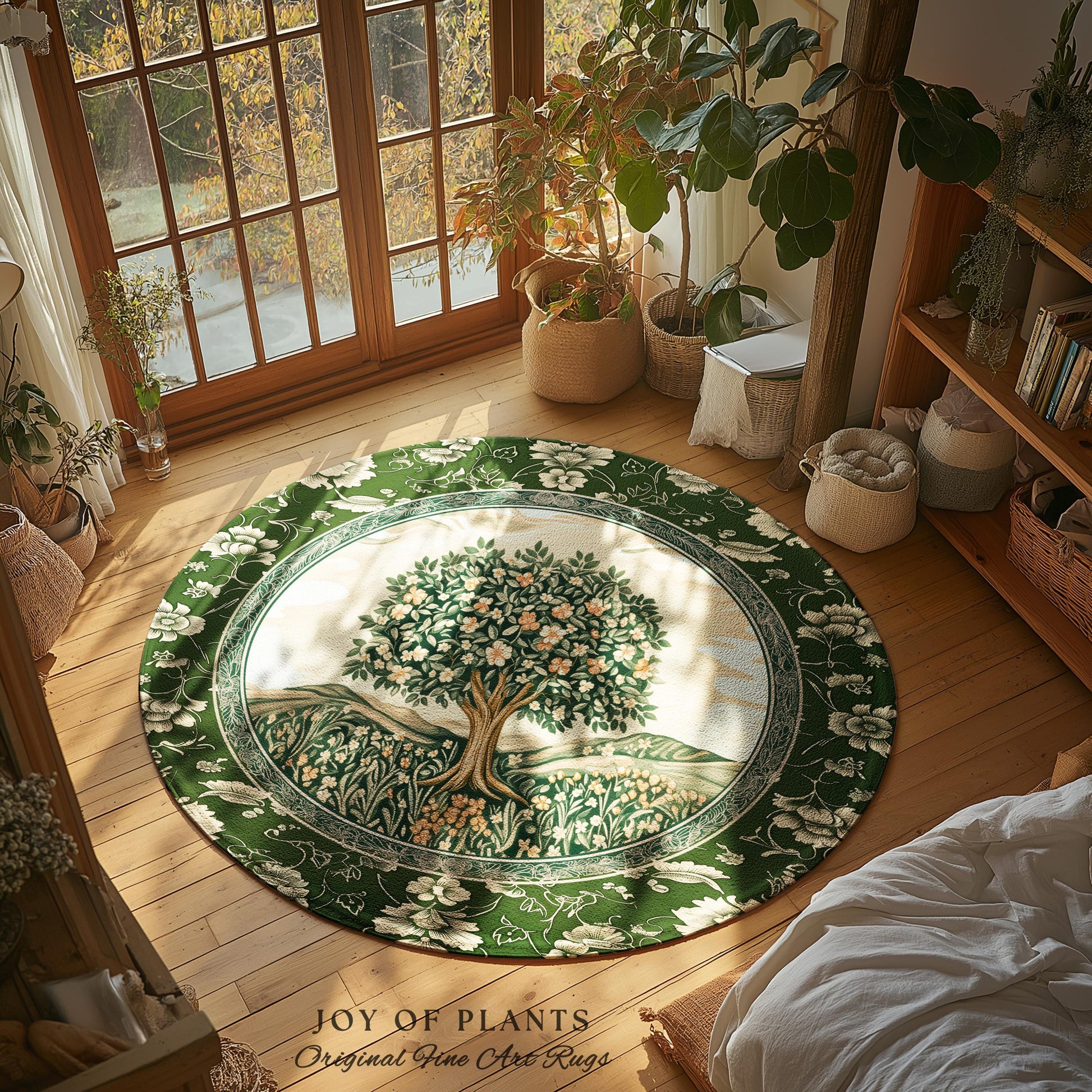 Enchanted Garden Folklore Tree Rug | Emerald Green Botanical Coquette Accent Rug Floral Accent Forest Theme Rug Folklore Design Cottagecore