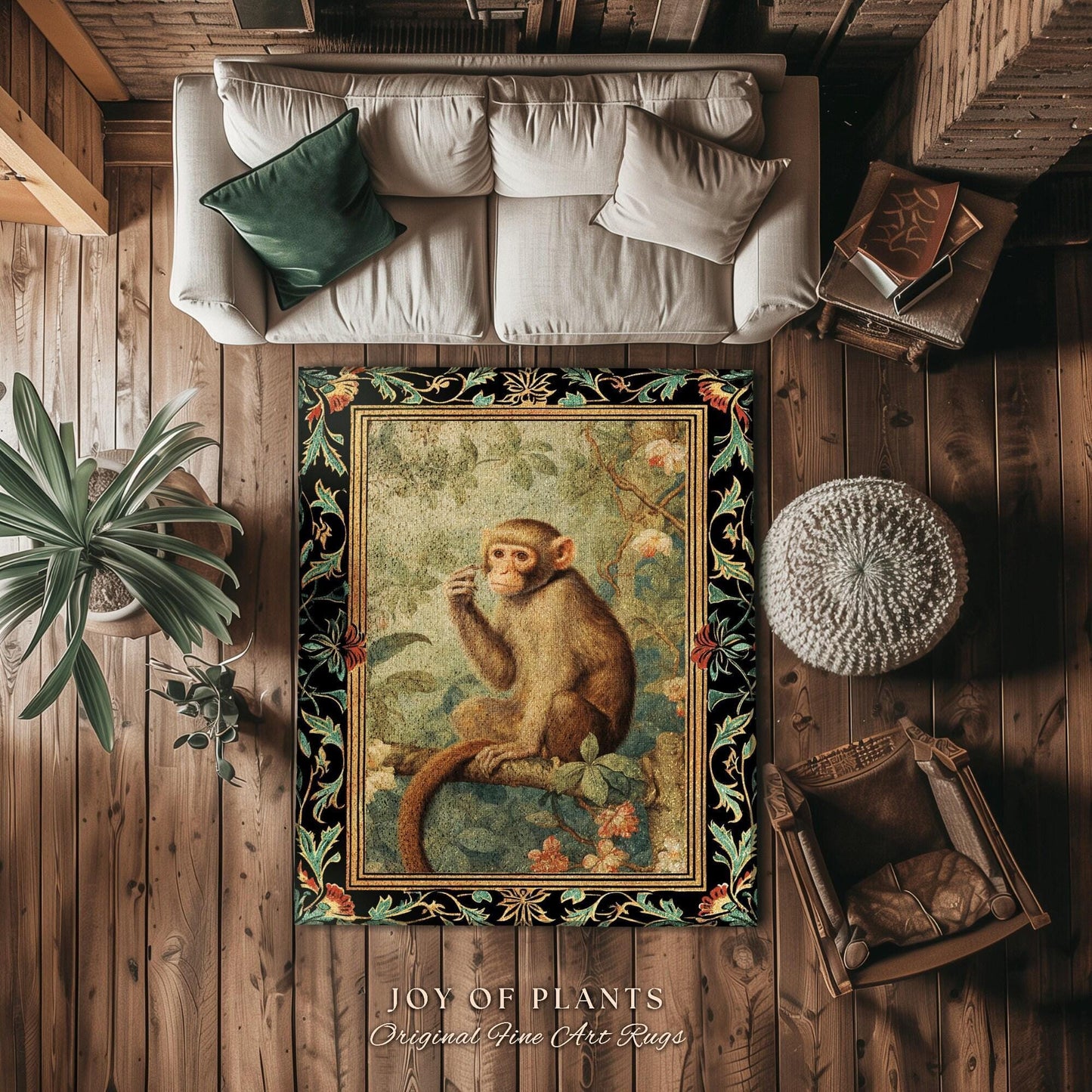 Botanical Monkey Round Rug Forestcore Morris Inspired Cottagecore Room, Light Academia Mystical Monkey Victorian Aesthetic Decorative Decor