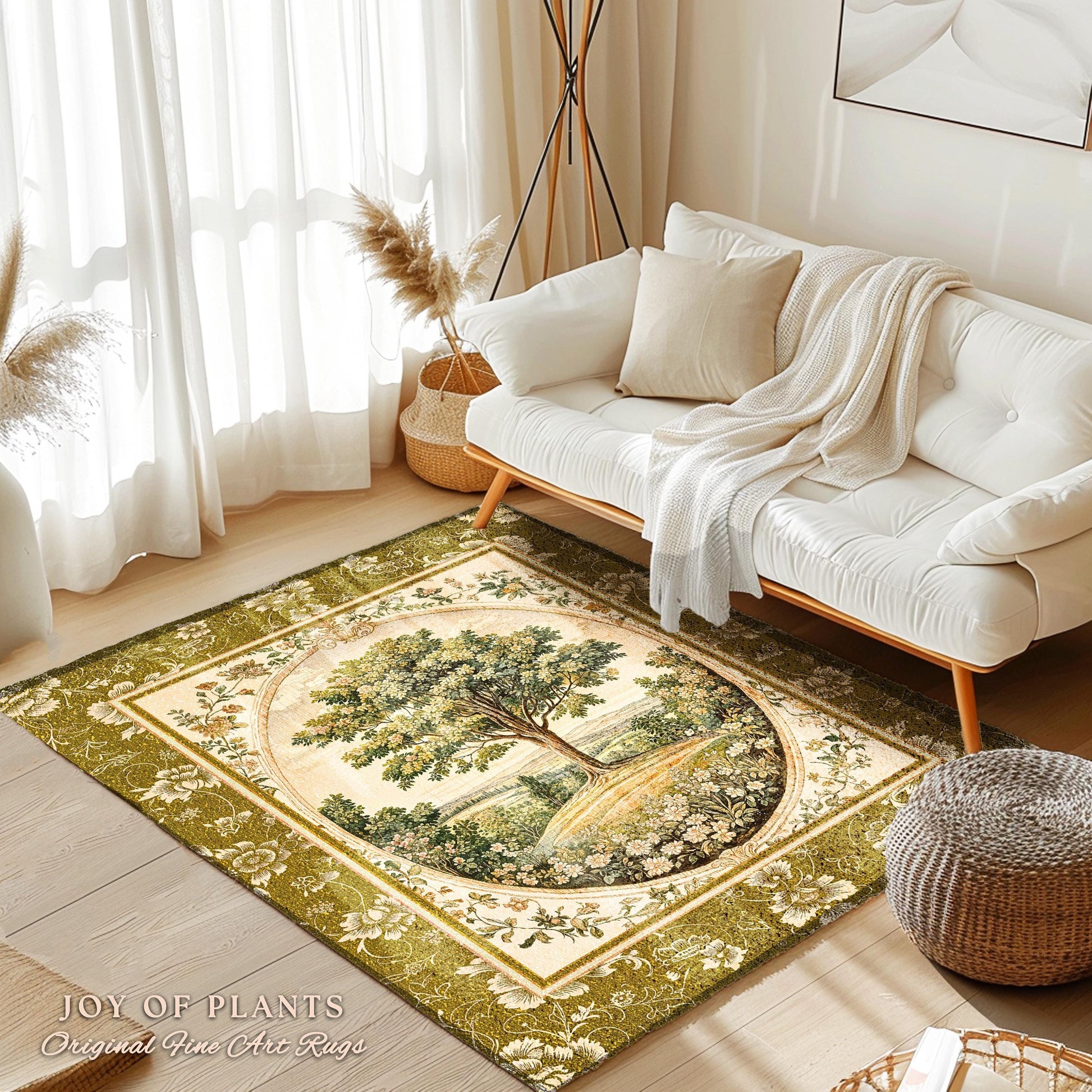 French Countryside Botanical Tree Rug | Victorian Garden Accent Romantic Country Decor Floral Pastoral Scene Antique Style Cottage Aesthetic