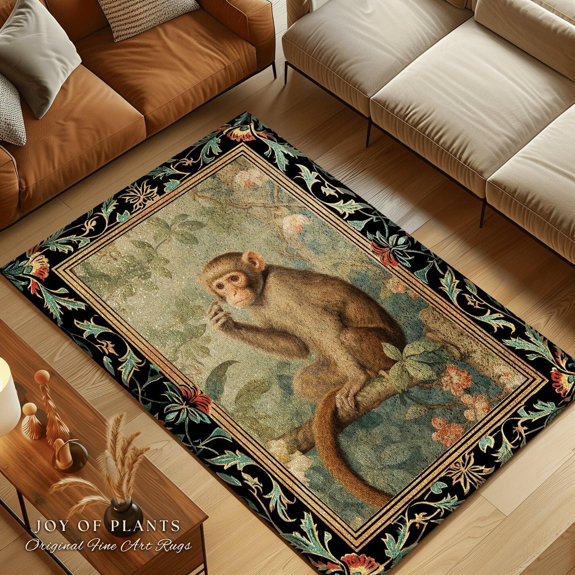 Botanical Monkey Round Rug Forestcore Morris Inspired Cottagecore Room, Light Academia Mystical Monkey Victorian Aesthetic Decorative Decor