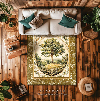 French Countryside Botanical Tree Rug | Victorian Garden Accent Romantic Country Decor Floral Pastoral Scene Antique Style Cottage Aesthetic