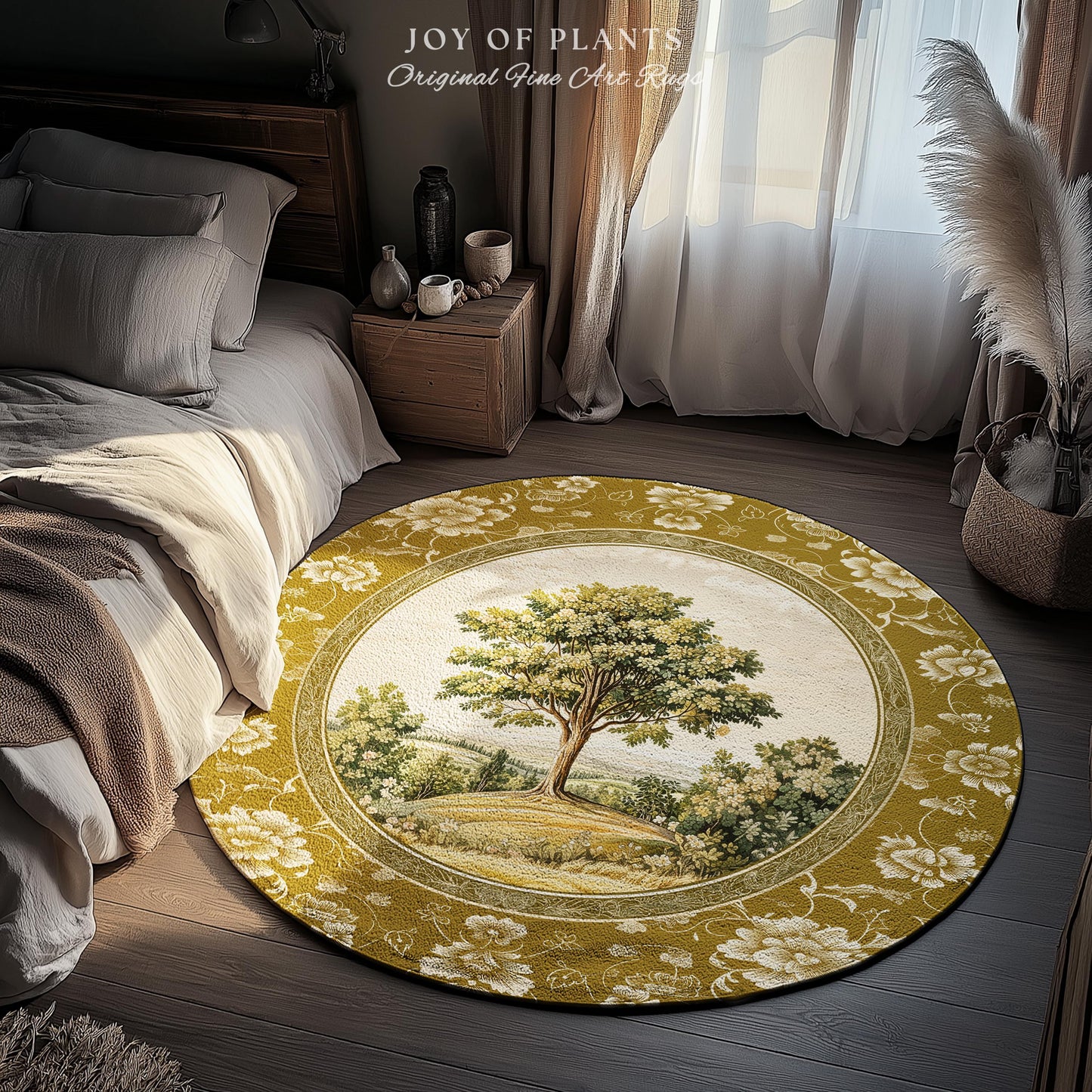 French Countryside Botanical Tree Rug | Victorian Garden Accent Romantic Country Decor Floral Pastoral Scene Antique Style Cottage Aesthetic
