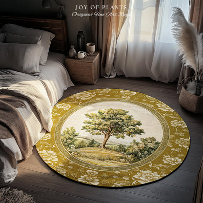 French Countryside Botanical Tree Rug | Victorian Garden Accent Romantic Country Decor Floral Pastoral Scene Antique Style Cottage Aesthetic