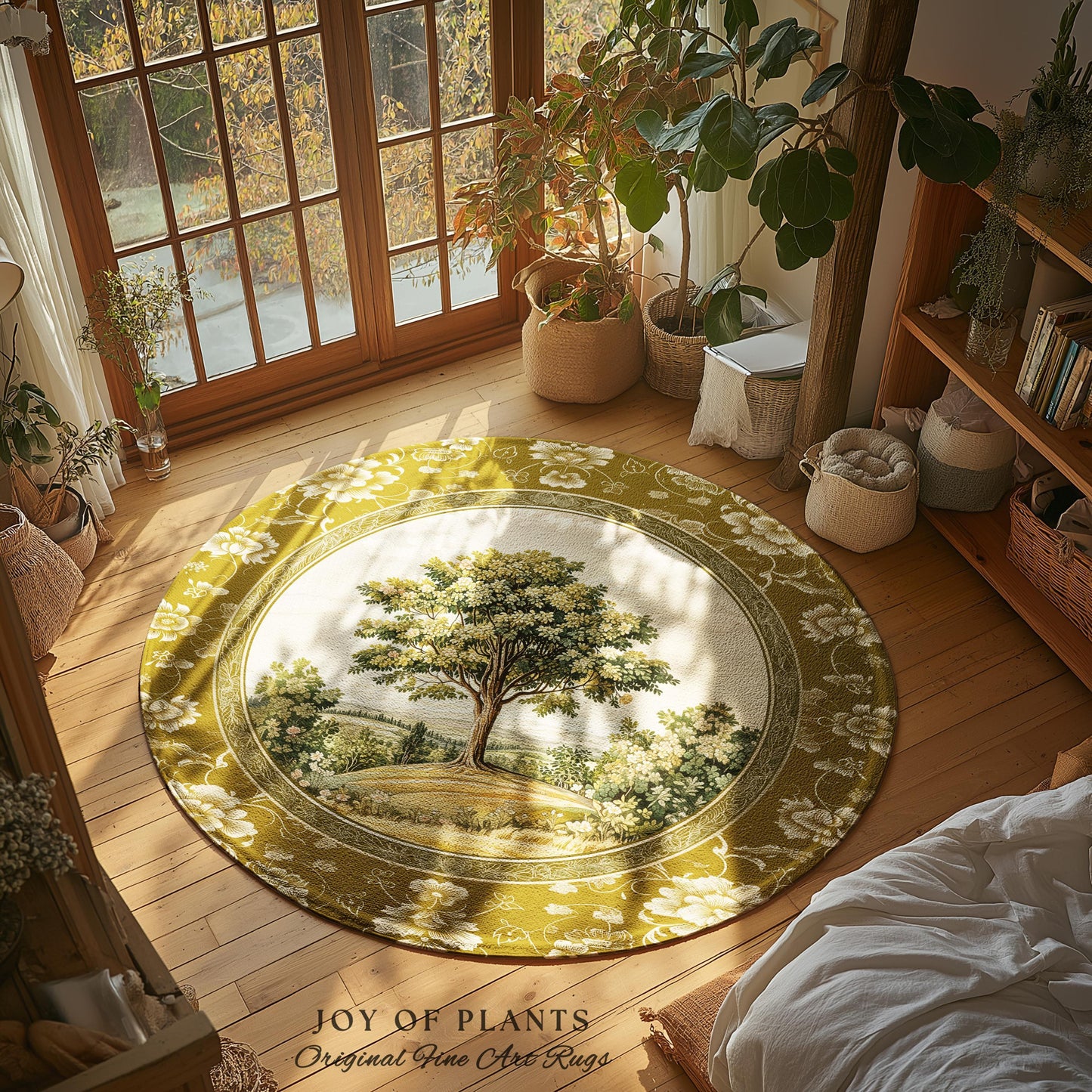 French Countryside Botanical Tree Rug | Victorian Garden Accent Romantic Country Decor Floral Pastoral Scene Antique Style Cottage Aesthetic