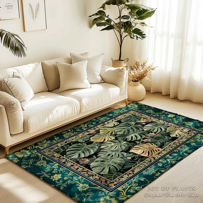 Rich Shades of Green Monstera Rug | Bohemian Botanical Plant Lover Bedroom Home Accent Colorful Room Decor Botanical Statement Rug Foliage