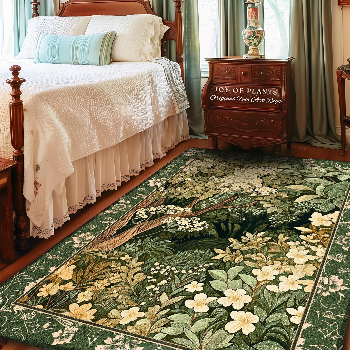 May include: A green and white floral rug with a tree in the center. The rug has a border of green leaves and flowers. The rug is in a bedroom with a white bed and a wooden dresser. The dresser has a sign that says "Joy of Plants Original Fine Art Rugs".