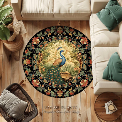 Botanical Bedroom Decor Round Peacock Rug Morris Inspired Cottagecore Room Light Academia Style Mystical Bird Art | Maximalist Peacock Rug