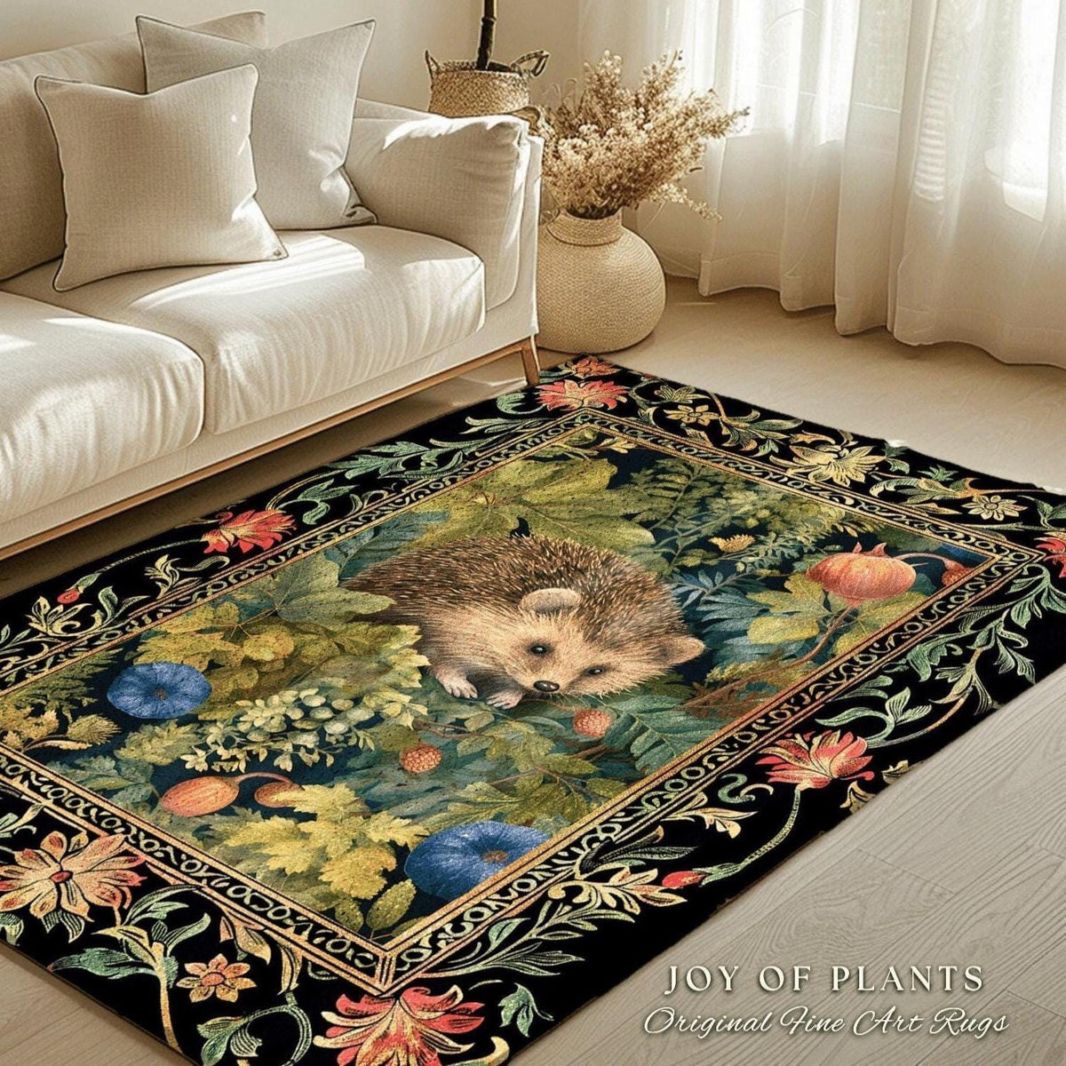 Forestcore Hedgehog Botanical Rug Woodland Gothic Decor | Dark Botanical Cottagecore Nature Lover Gift Rustic Fall Decor Forest Animal Rug