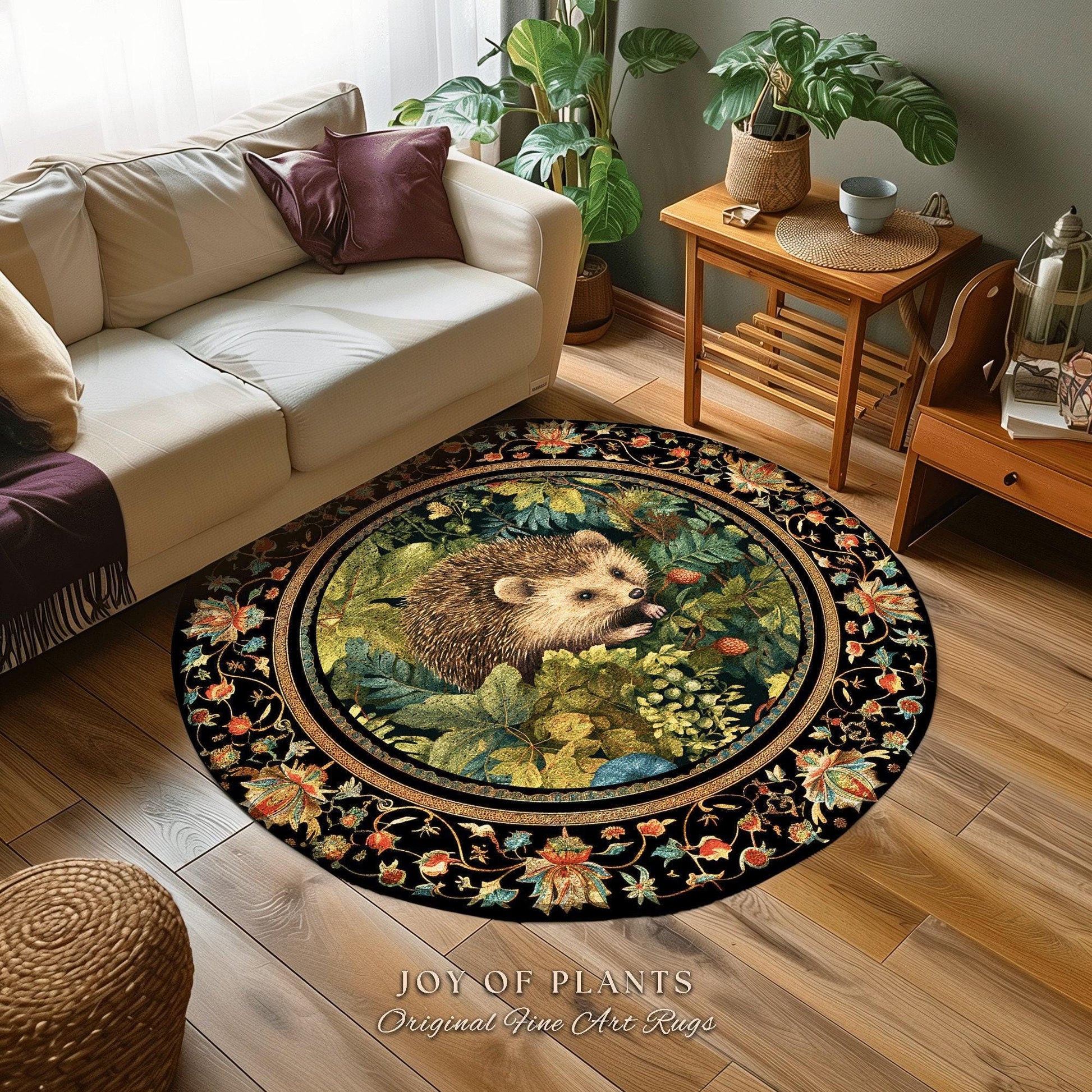 Forestcore Hedgehog Botanical Rug Woodland Gothic Decor | Dark Botanical Cottagecore Nature Lover Gift Rustic Fall Decor Forest Animal Rug