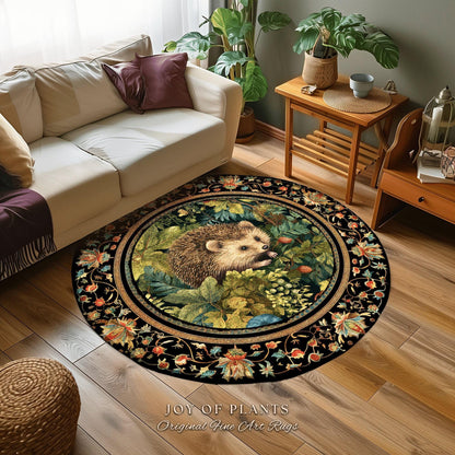 Forestcore Hedgehog Botanical Rug Woodland Gothic Decor | Dark Botanical Cottagecore Nature Lover Gift Rustic Fall Decor Forest Animal Rug